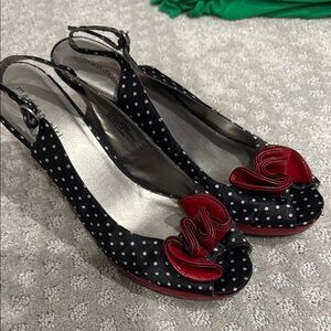 Polka Dot Slingback Heels with Red Accents